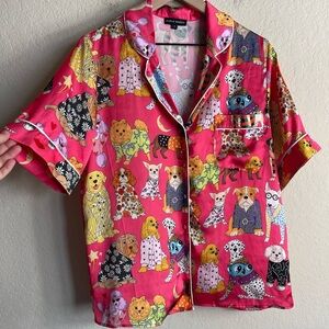 Karen Mabon Satin Dog Print Pajama Top Size Small
